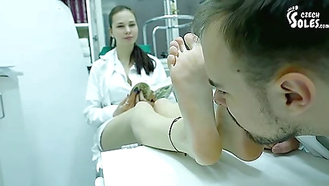 Barefoot Laboratory Worker Gets Her Feet Closely Checked By Her Collea