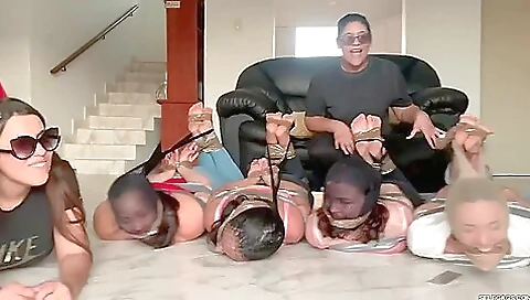 8 Barefoot Girls Gagged Hogtied And Pantyhose Encased